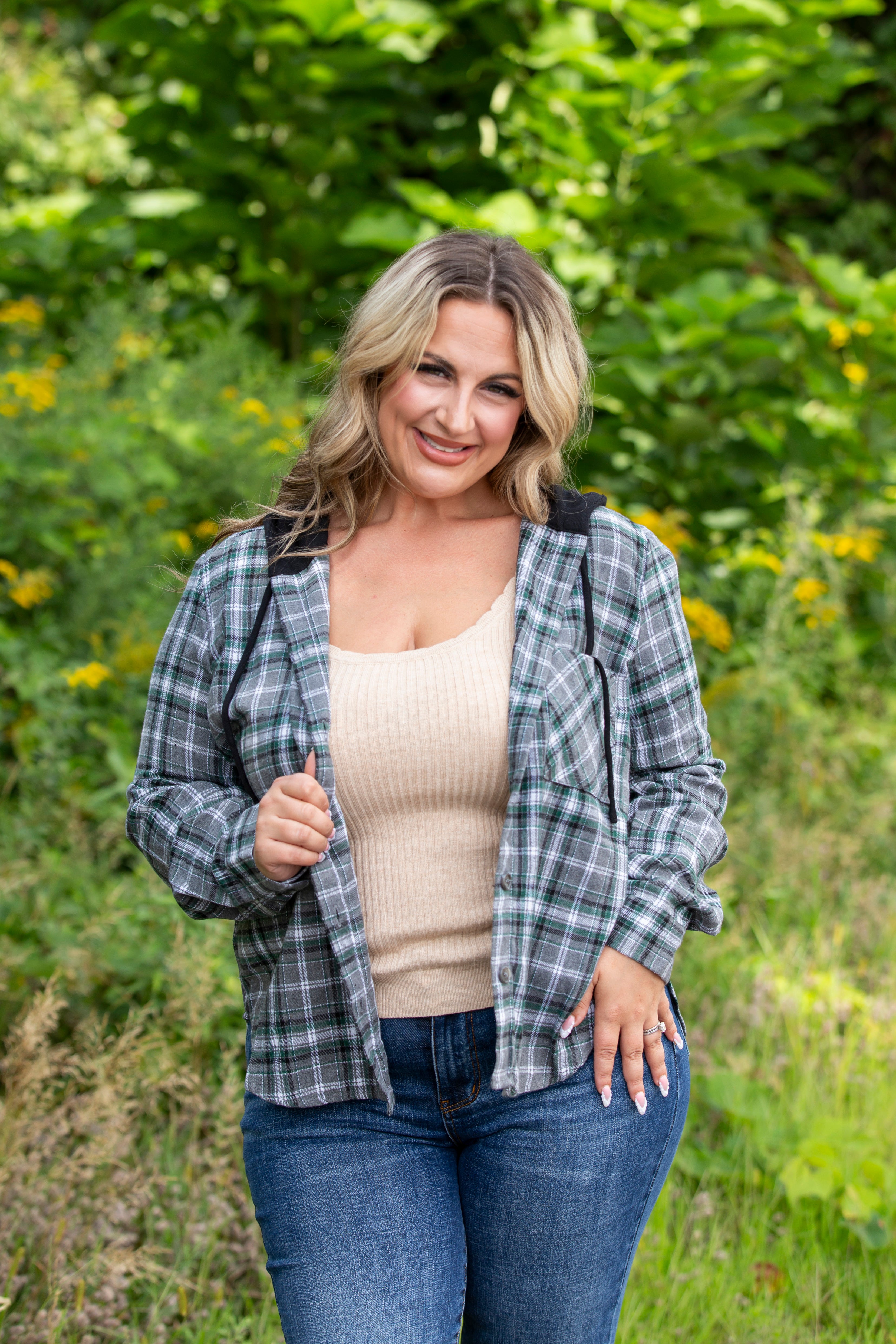 Button Down Hooded Plaid Shacket