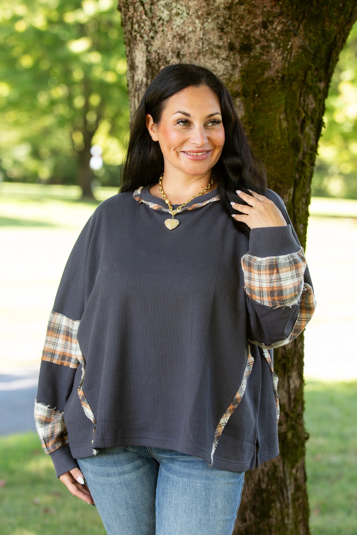 Into Fall Plaid Detail Top