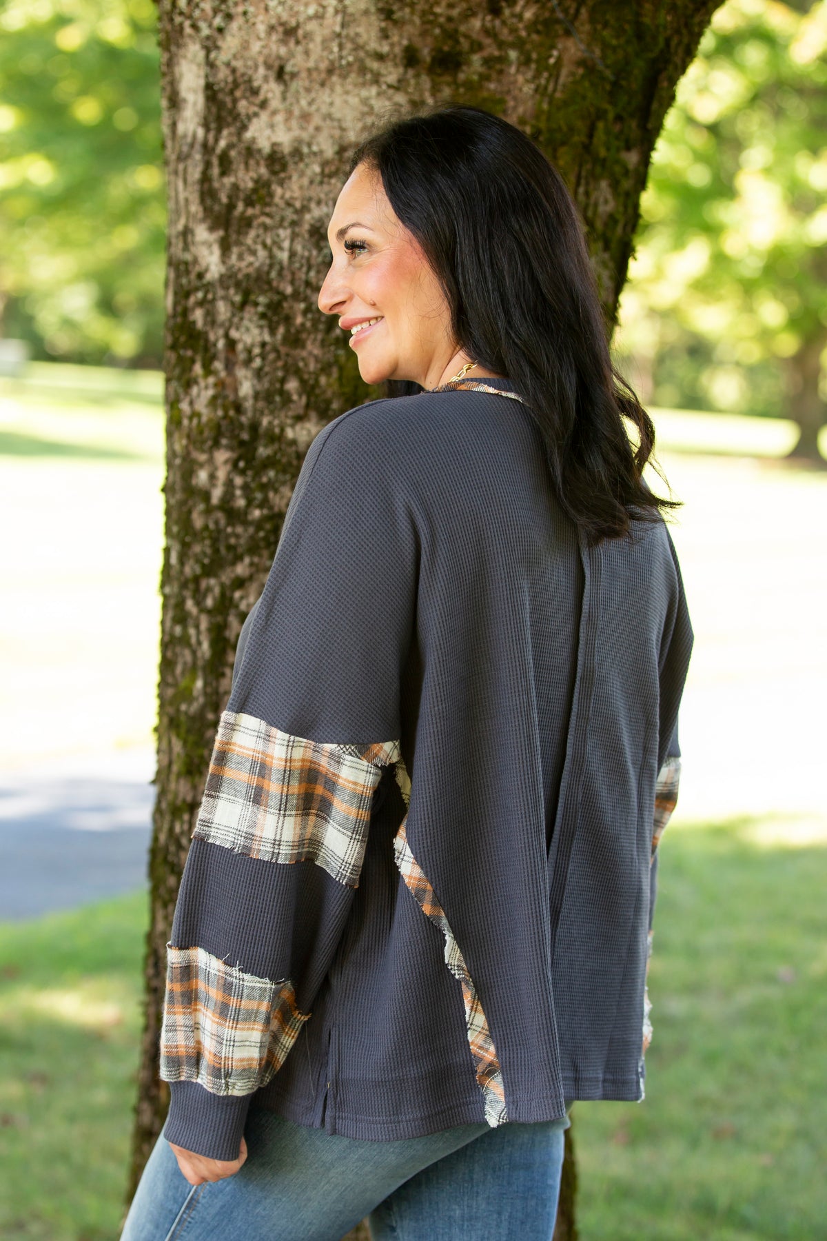 Into Fall Plaid Detail Top