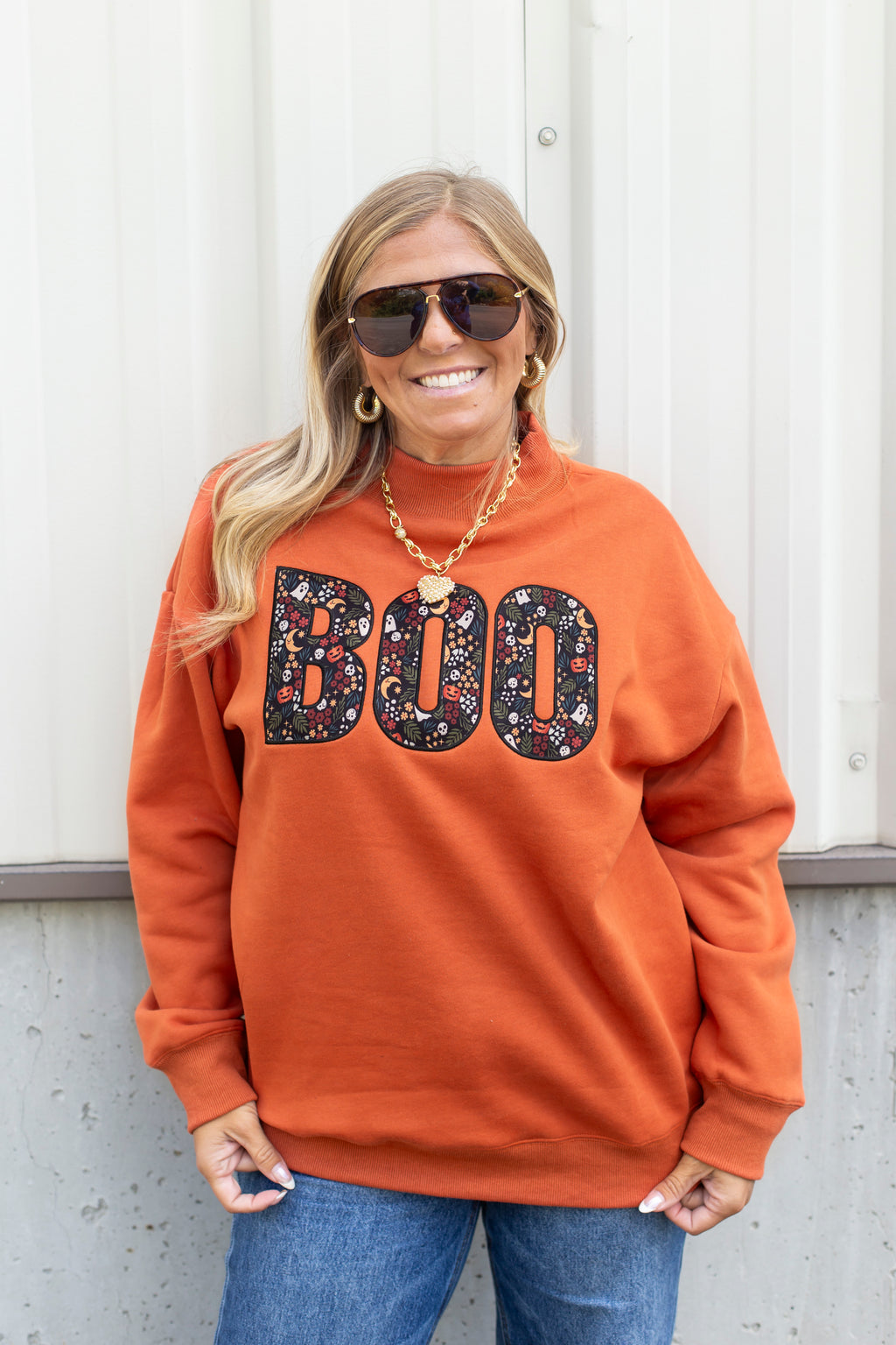 Boo Embroidered Mock Neck
