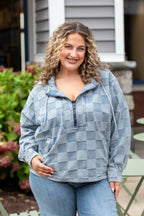 Washed Checker Denim Half Zip Up Hoodie