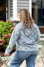 Washed Checker Denim Half Zip Up Hoodie