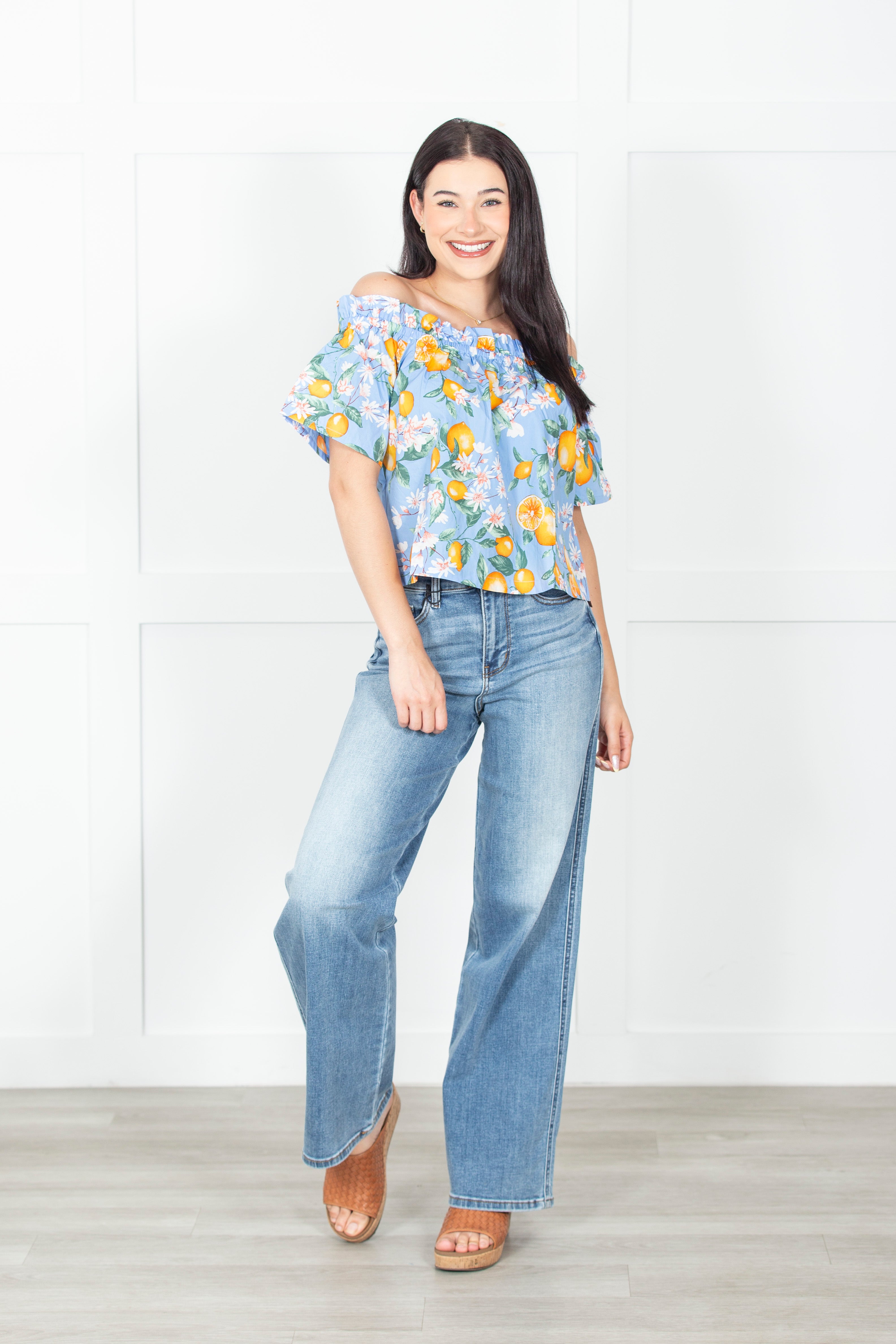 Off Shoulder Lemon Print Top