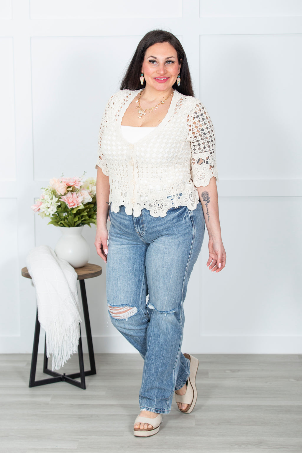 Fill Me In Button Down Crochet Top