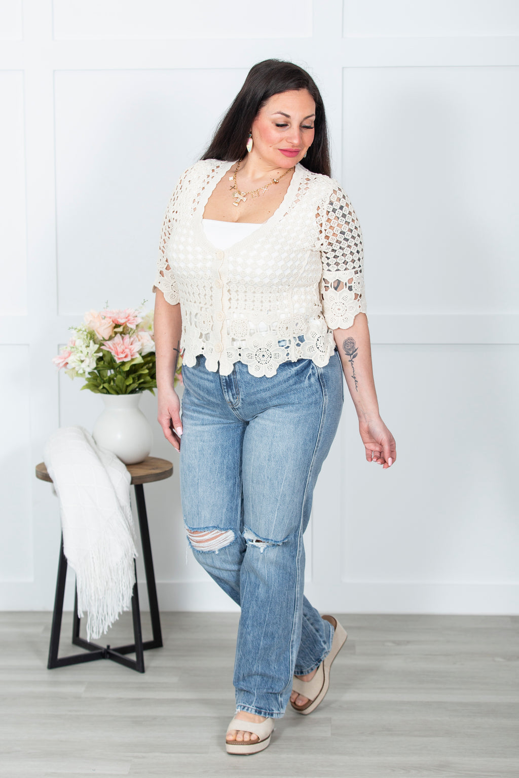 Fill Me In Button Down Crochet Top