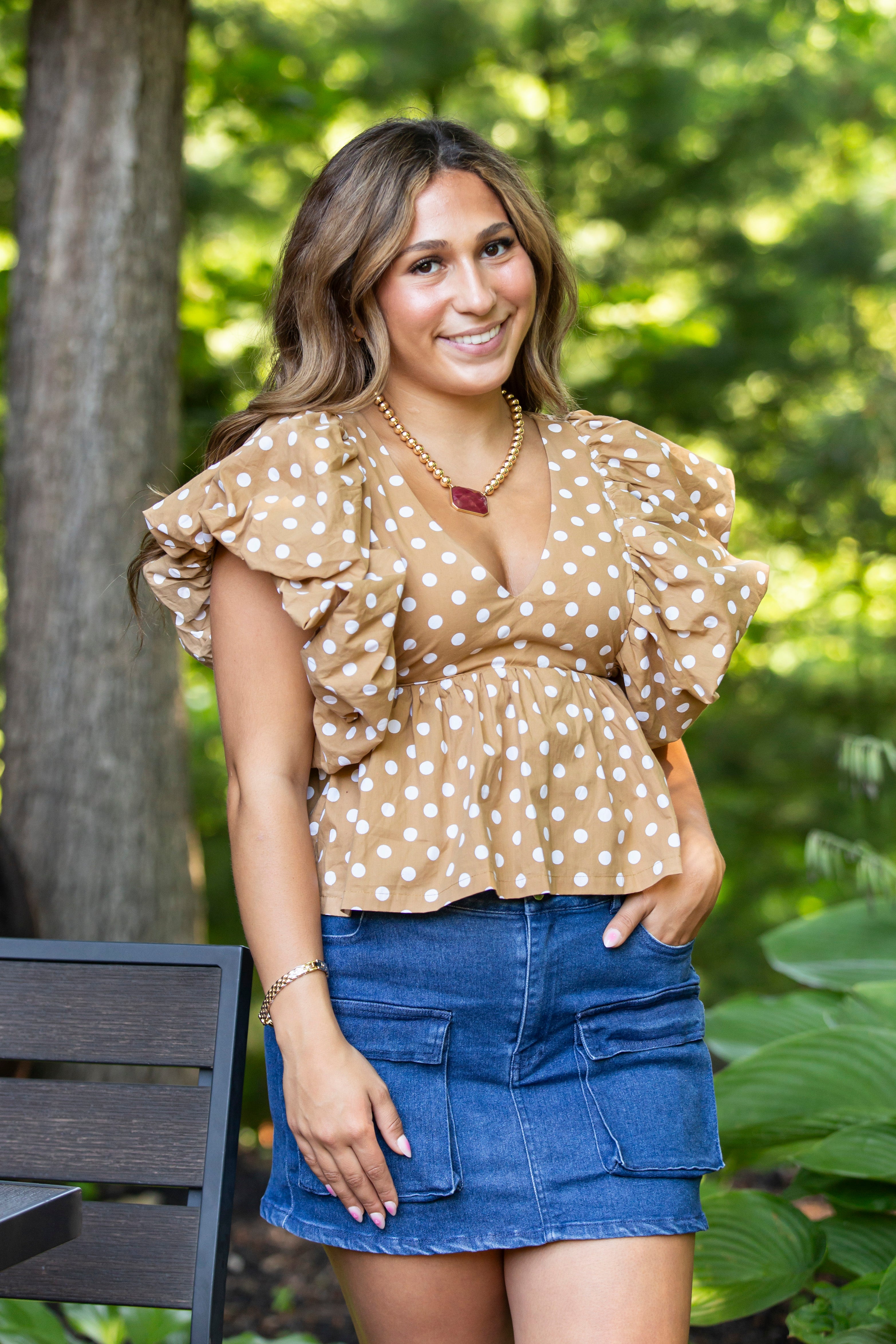 Polka Dot Bubble Sleeves Top