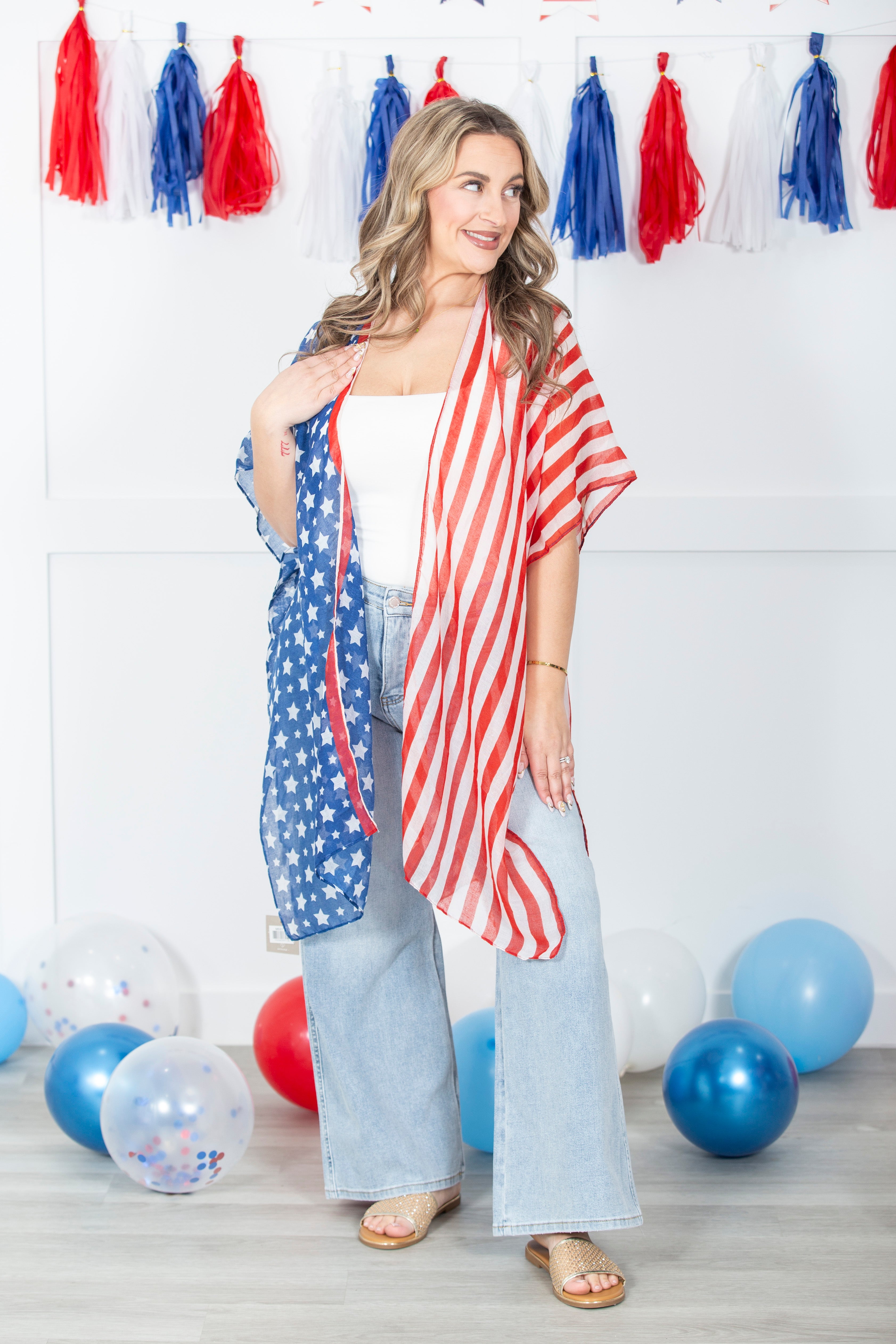 Womens Lightweight Half And Half Patriotic Kimono