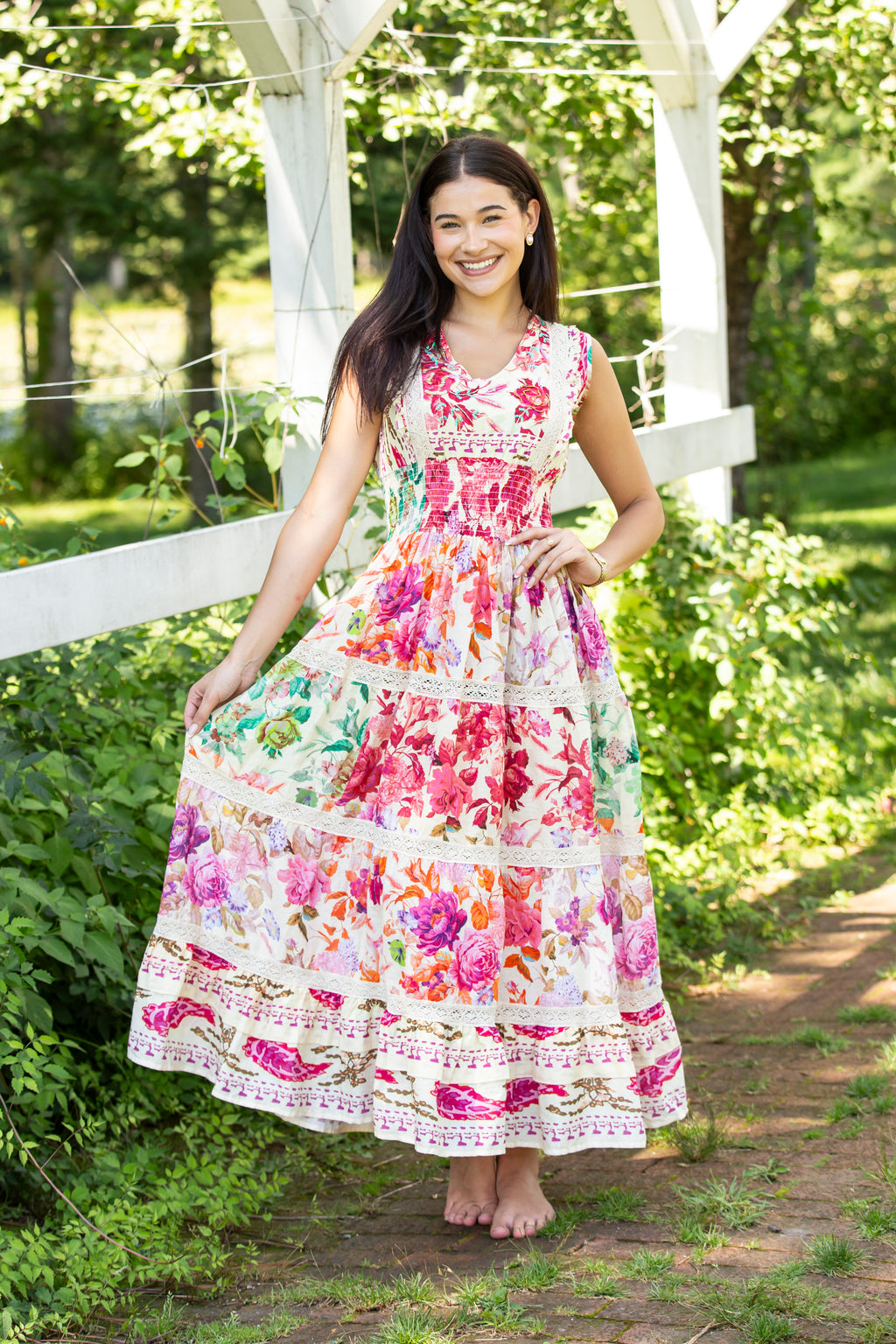 V-Neck Smocked Waist Ruffle Floral Maxi Dress