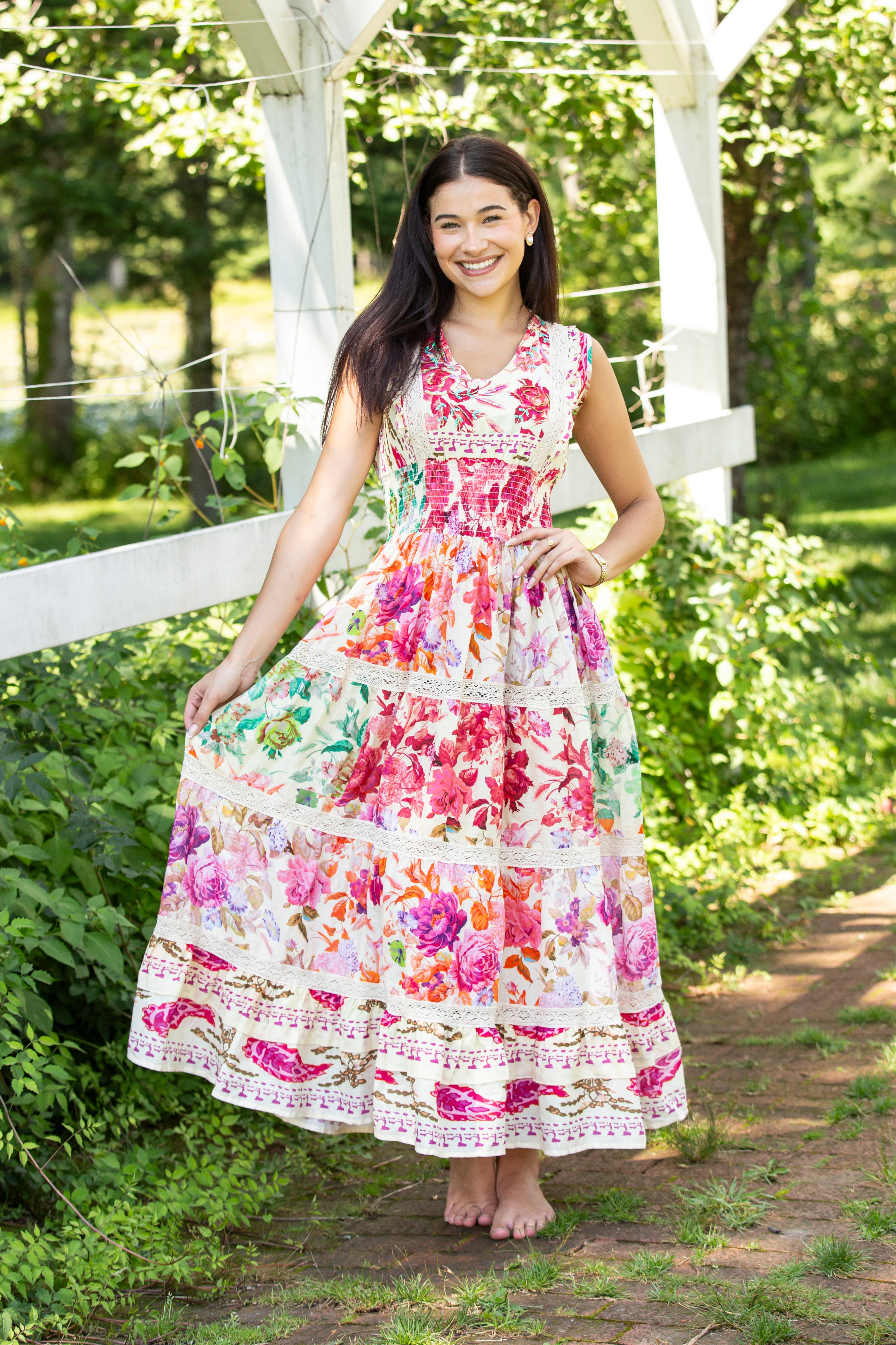 V-Neck Smocked Waist Ruffle Floral Maxi Dress