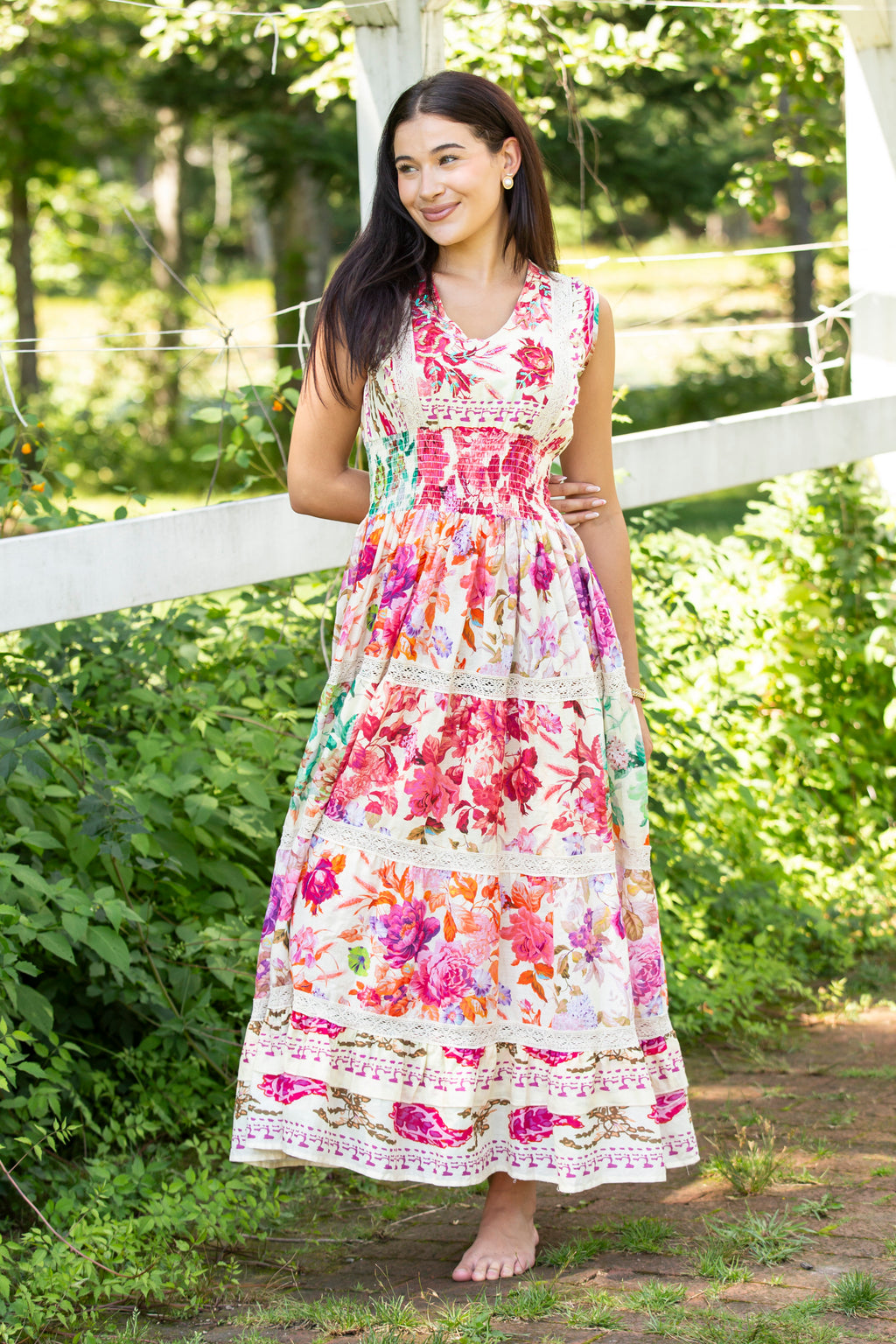 V-Neck Smocked Waist Ruffle Floral Maxi Dress