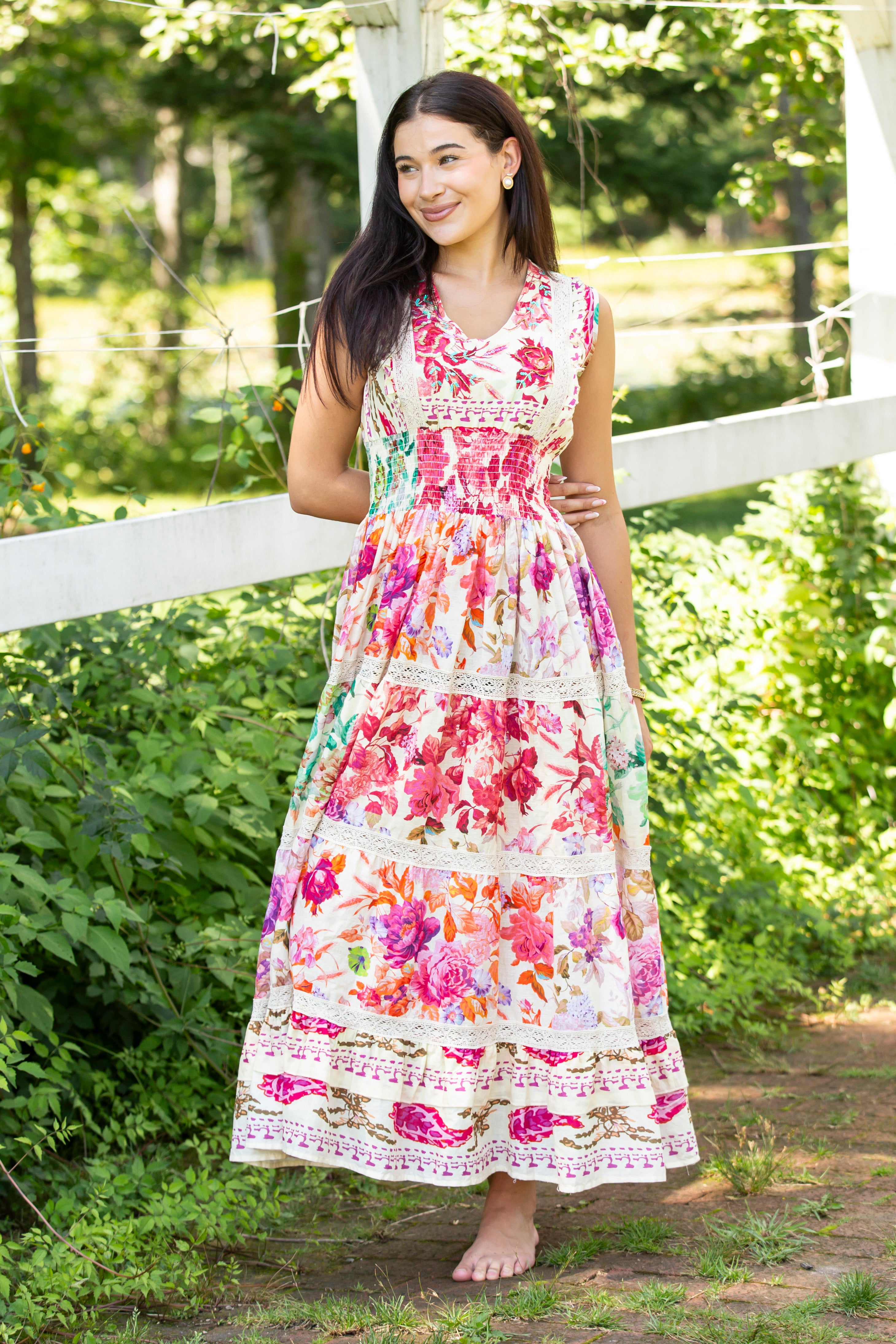 V-Neck Smocked Waist Ruffle Floral Maxi Dress
