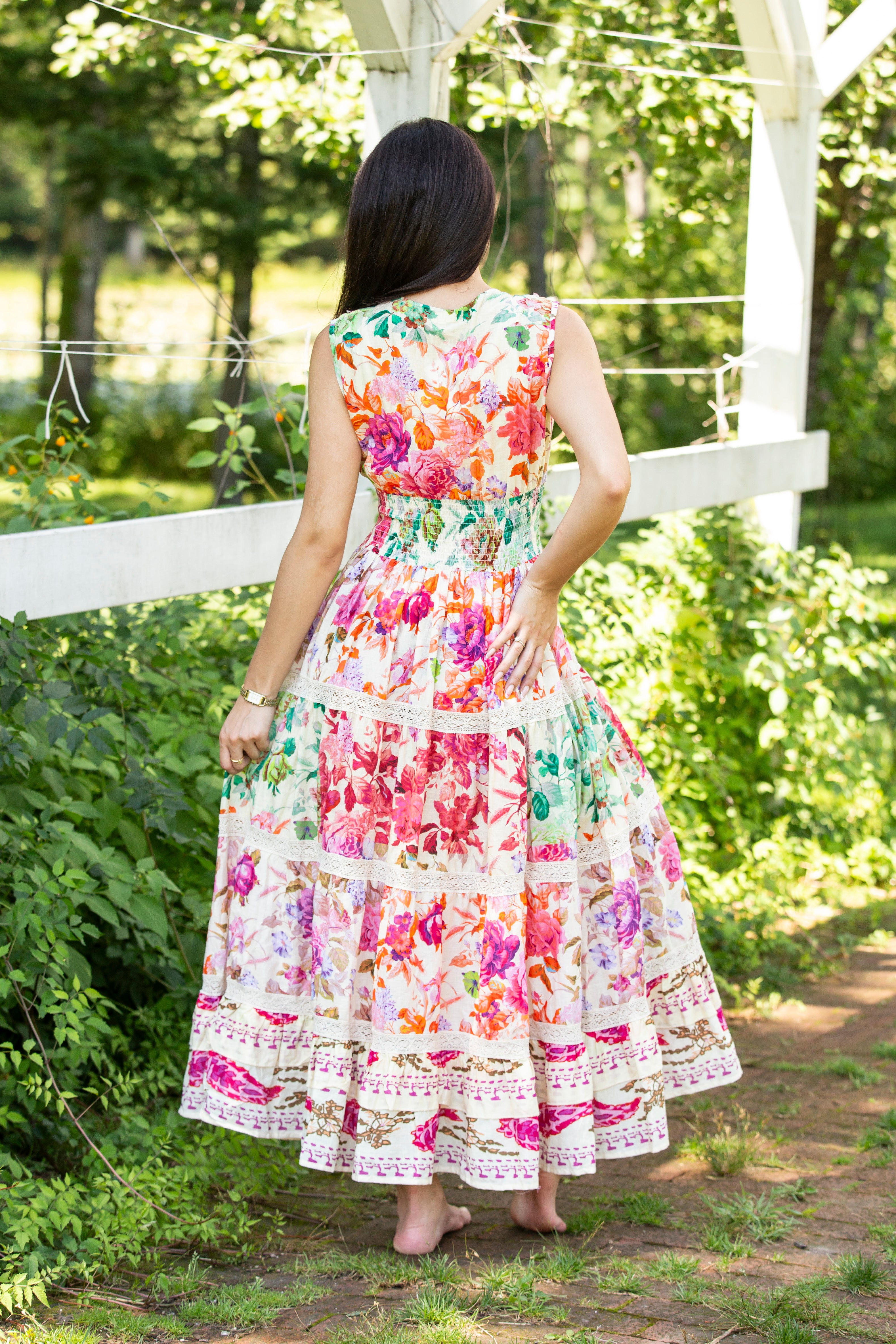 V-Neck Smocked Waist Ruffle Floral Maxi Dress