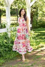 V-Neck Smocked Waist Ruffle Floral Maxi Dress