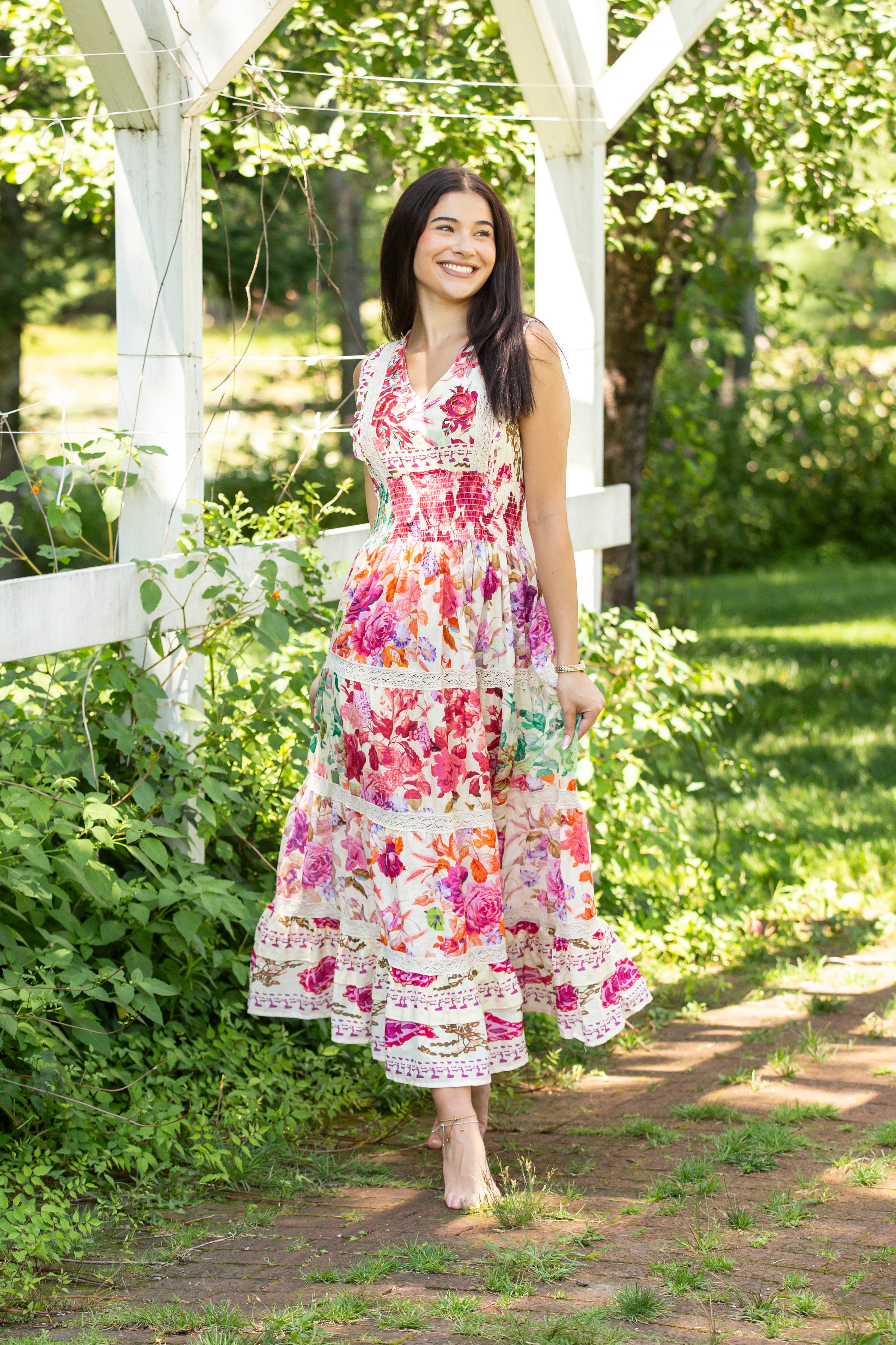 V-Neck Smocked Waist Ruffle Floral Maxi Dress