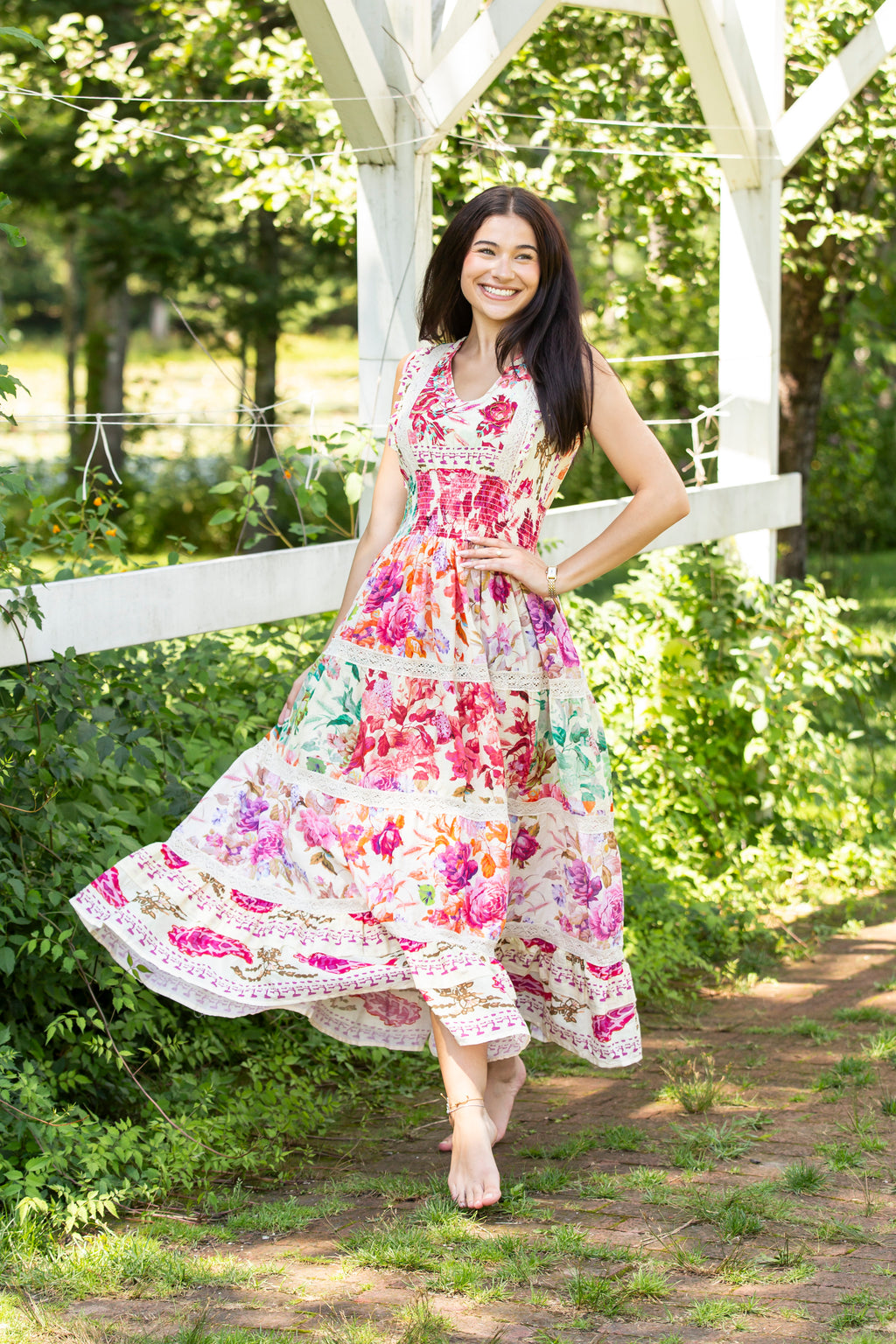 V-Neck Smocked Waist Ruffle Floral Maxi Dress