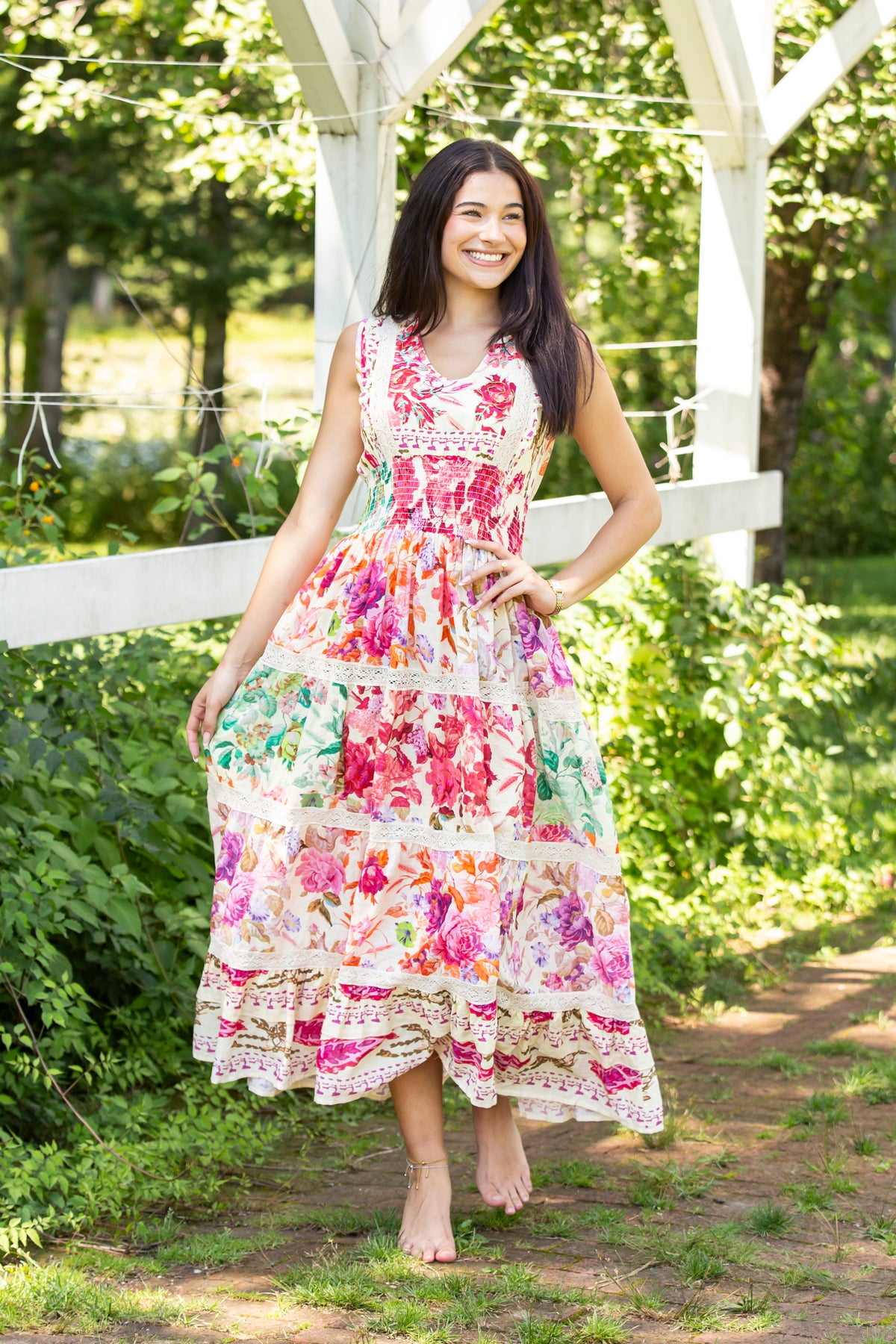 V-Neck Smocked Waist Ruffle Floral Maxi Dress