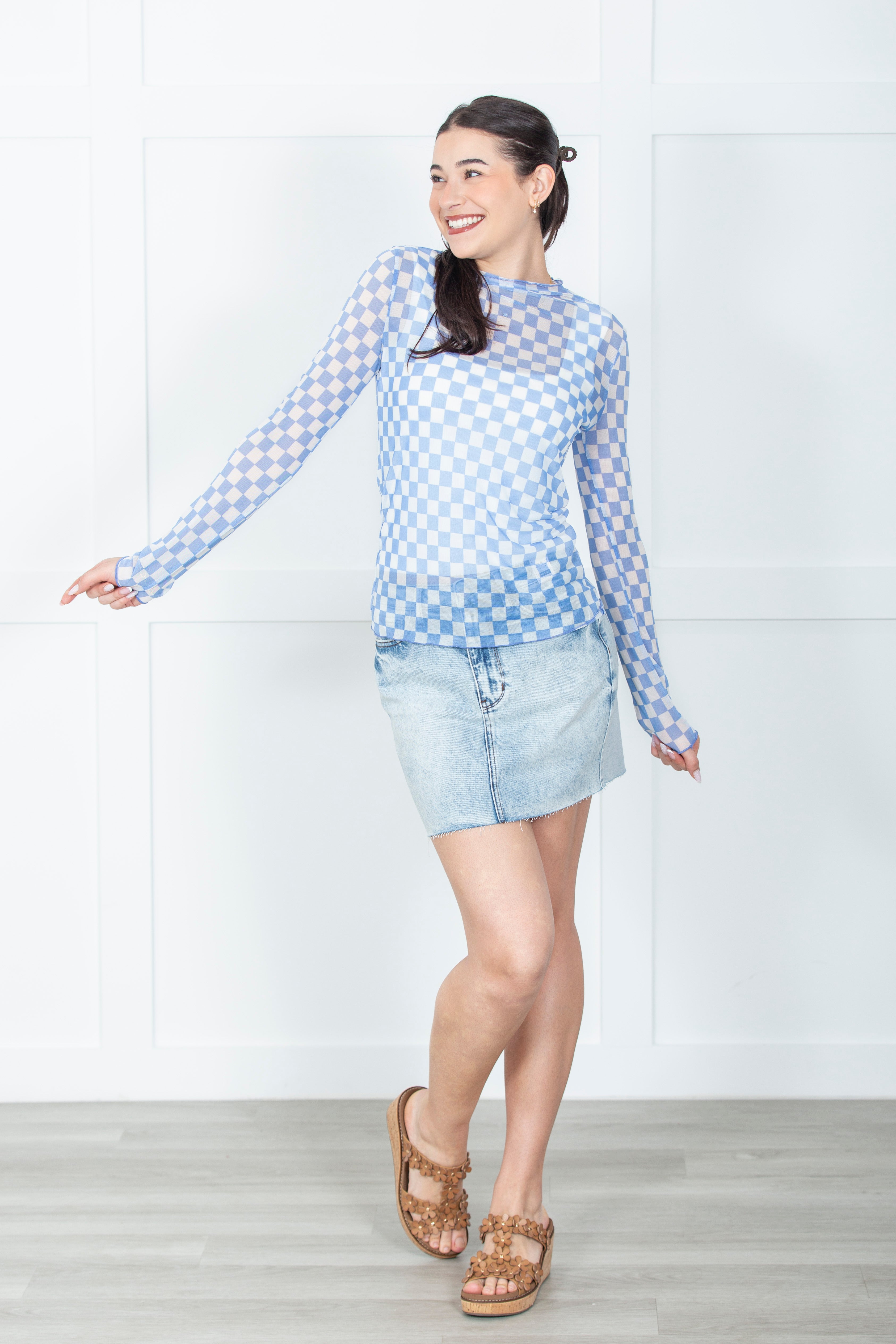 Bluebell Check Mesh Top