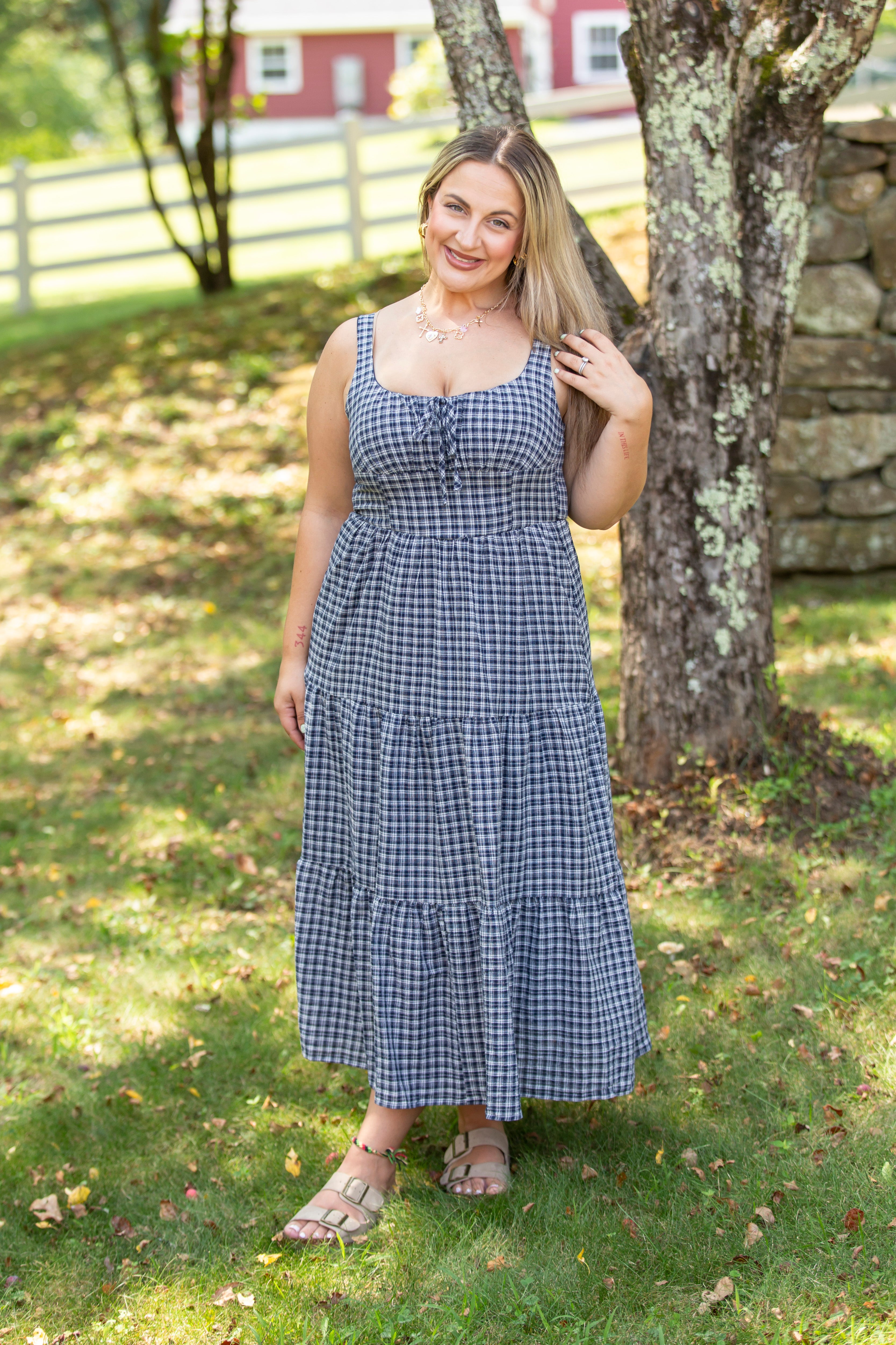 Plaid Front Tie Corset Detail Tiered Midi Dress