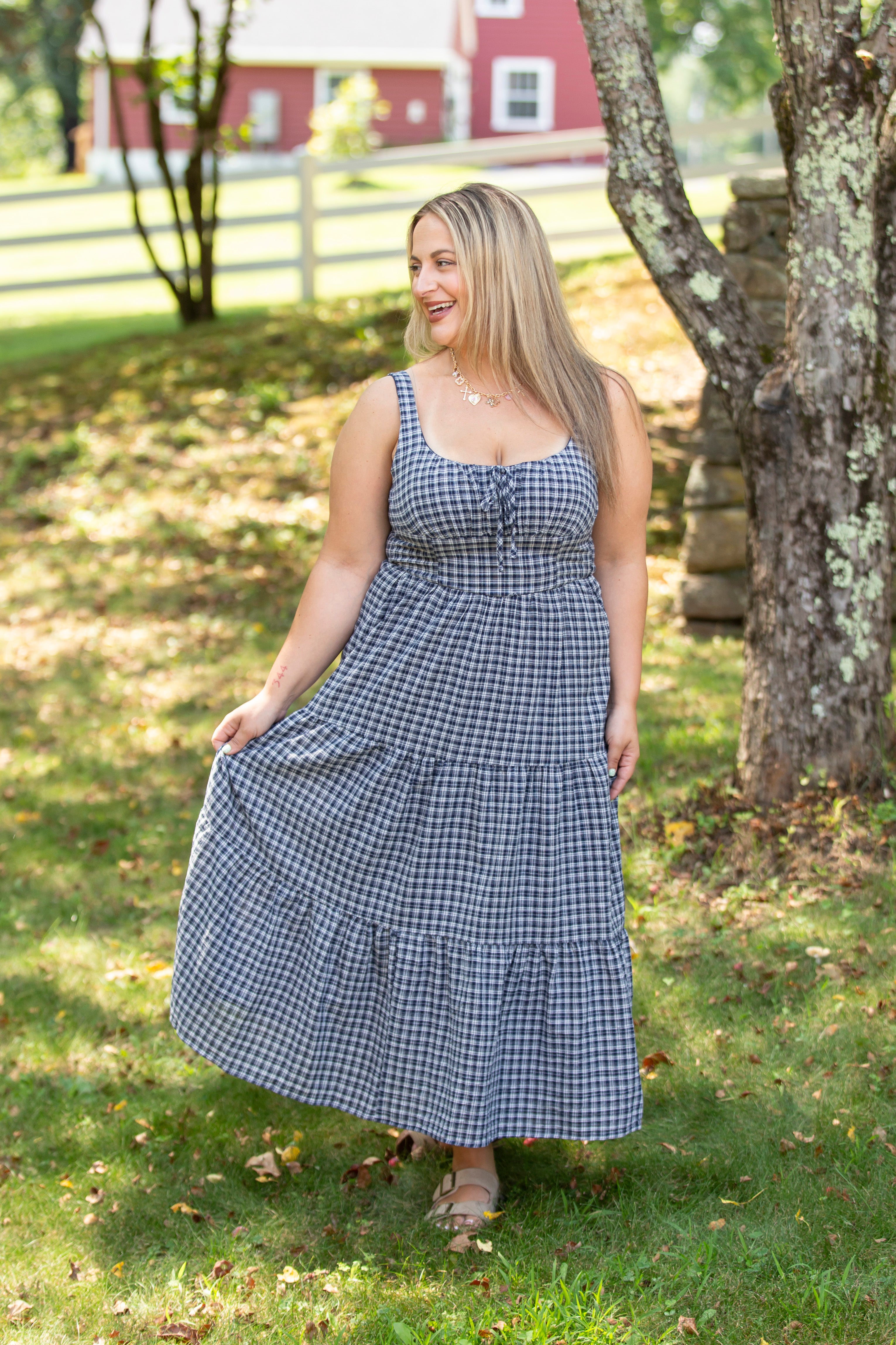 Plaid Front Tie Corset Detail Tiered Midi Dress
