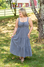 Plaid Front Tie Corset Detail Tiered Midi Dress