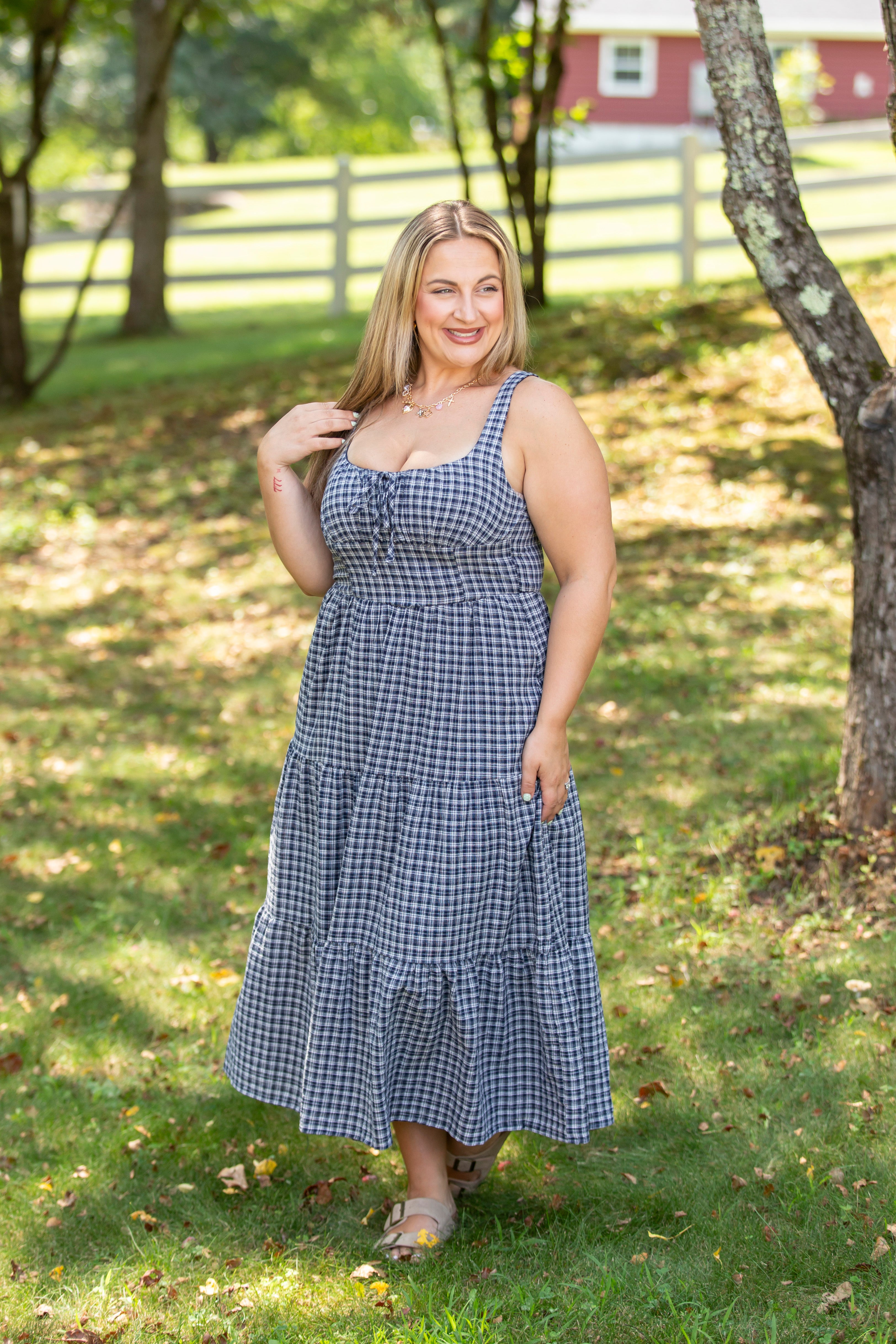 Plaid Front Tie Corset Detail Tiered Midi Dress