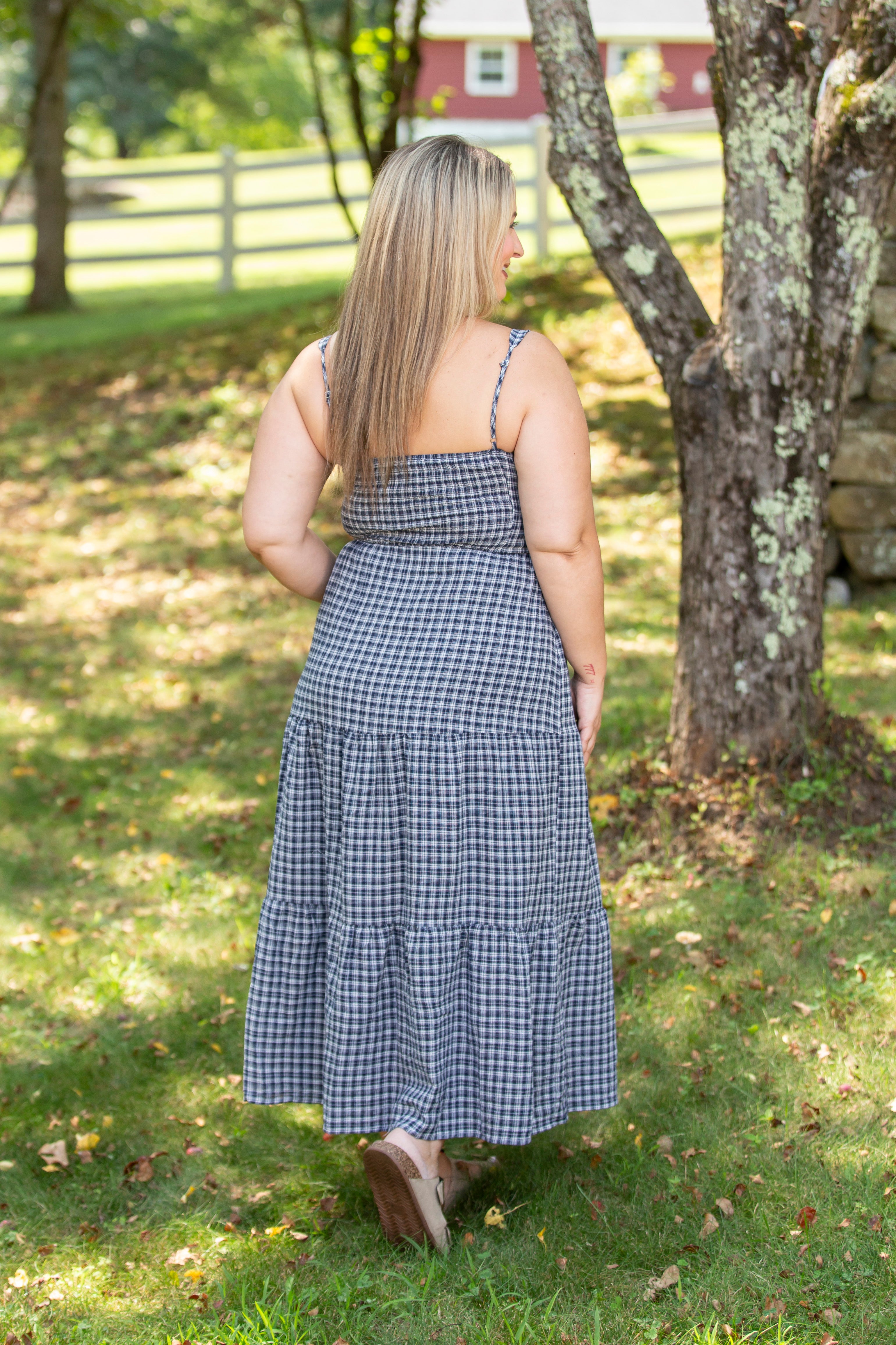 Plaid Front Tie Corset Detail Tiered Midi Dress