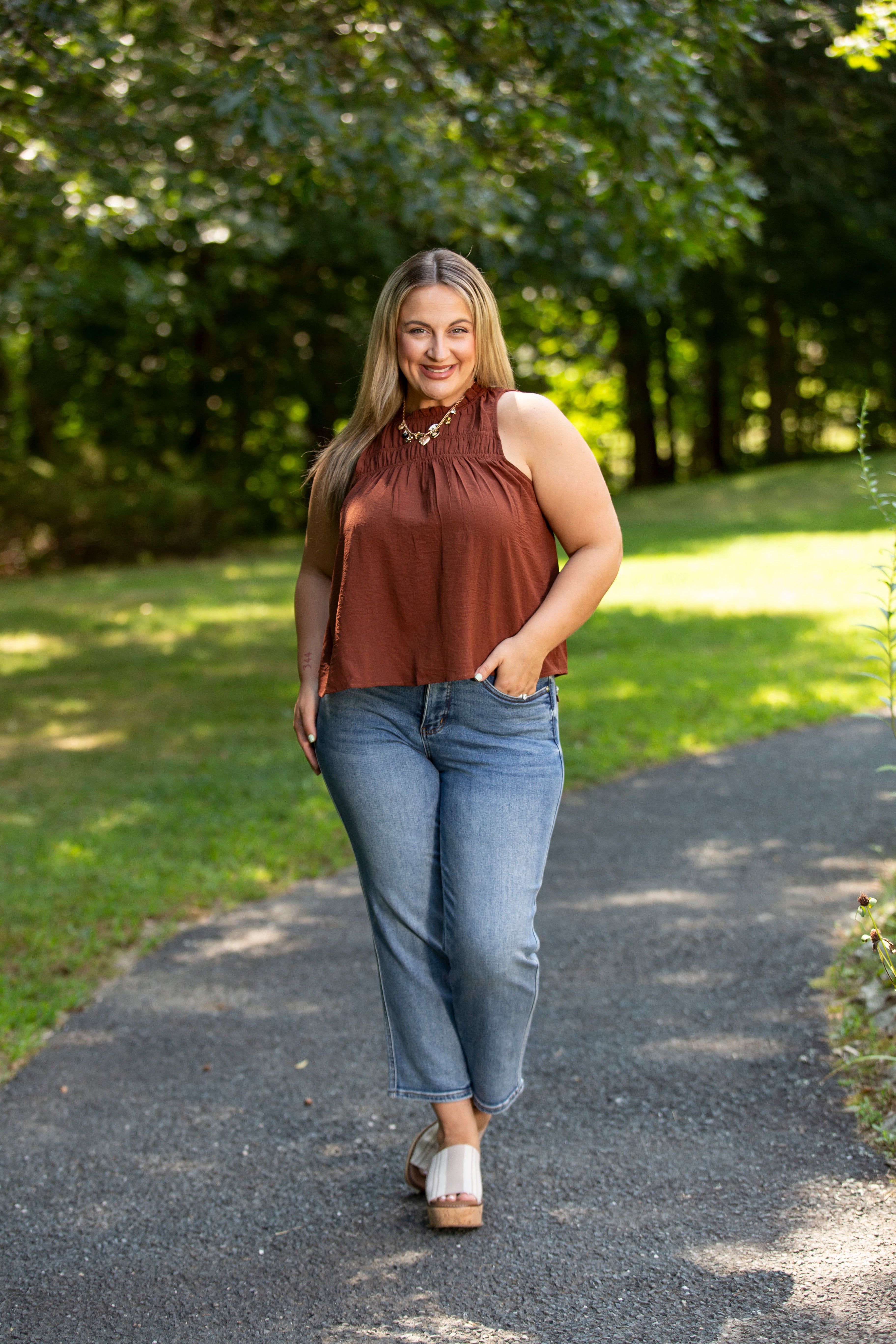 Smocked Mock Neck Sleeveless Blouse