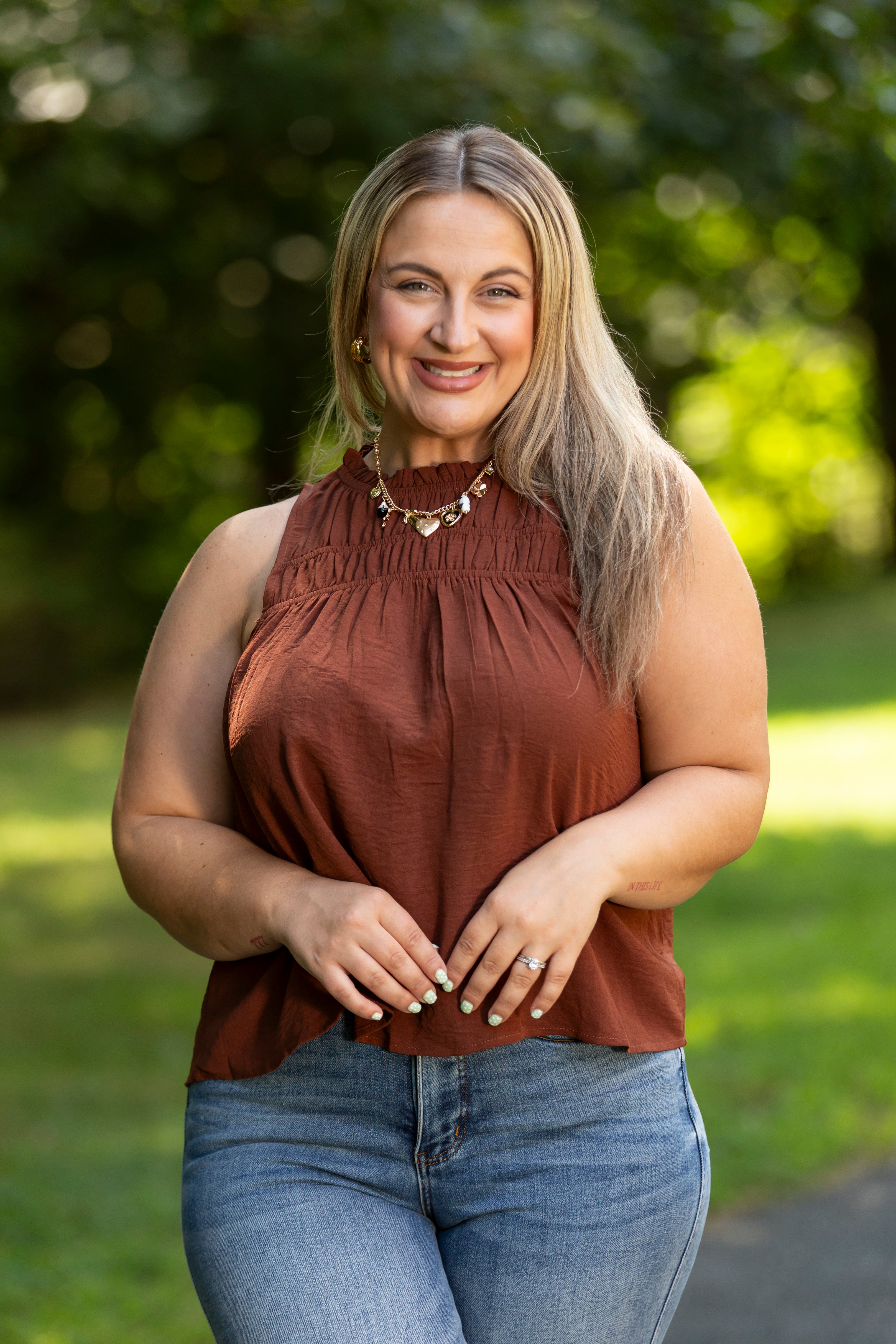 Smocked Mock Neck Sleeveless Blouse