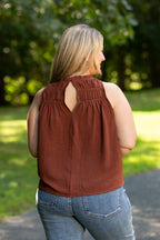 Smocked Mock Neck Sleeveless Blouse