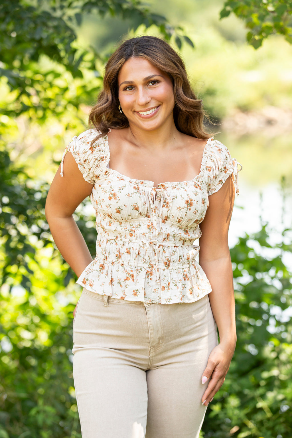 Floral Front Tie Shirred Waist Ruffled Top