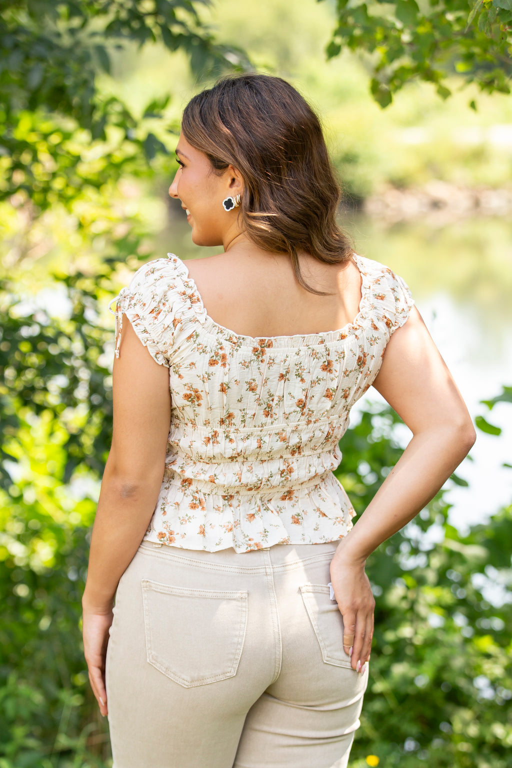 Floral Front Tie Shirred Waist Ruffled Top