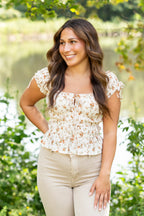 Floral Front Tie Shirred Waist Ruffled Top