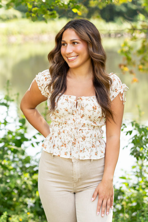 Floral Front Tie Shirred Waist Ruffled Top