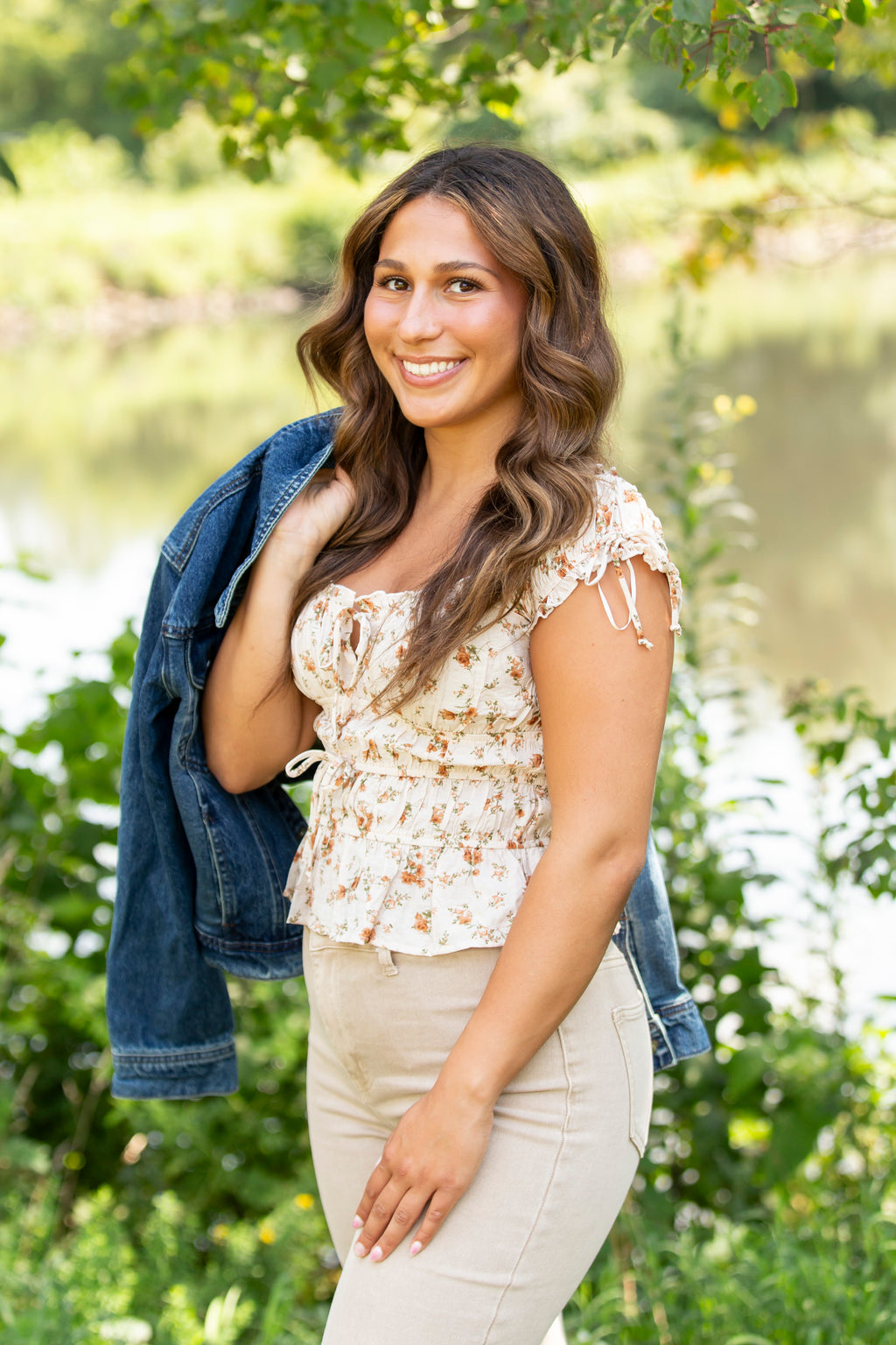 Floral Front Tie Shirred Waist Ruffled Top