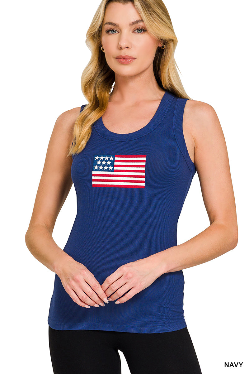 Ribbed American Flag Patch Scoop Neck Tank Top