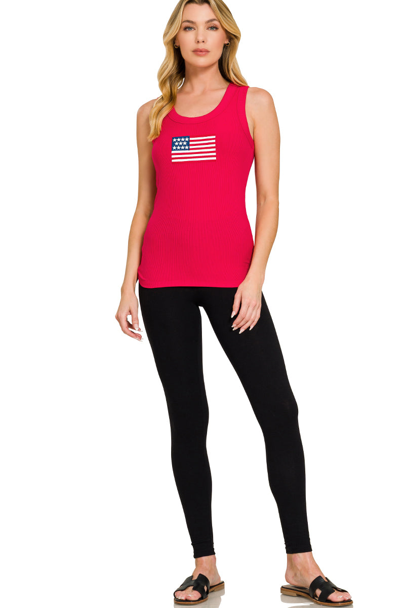 Ribbed American Flag Patch Scoop Neck Tank Top