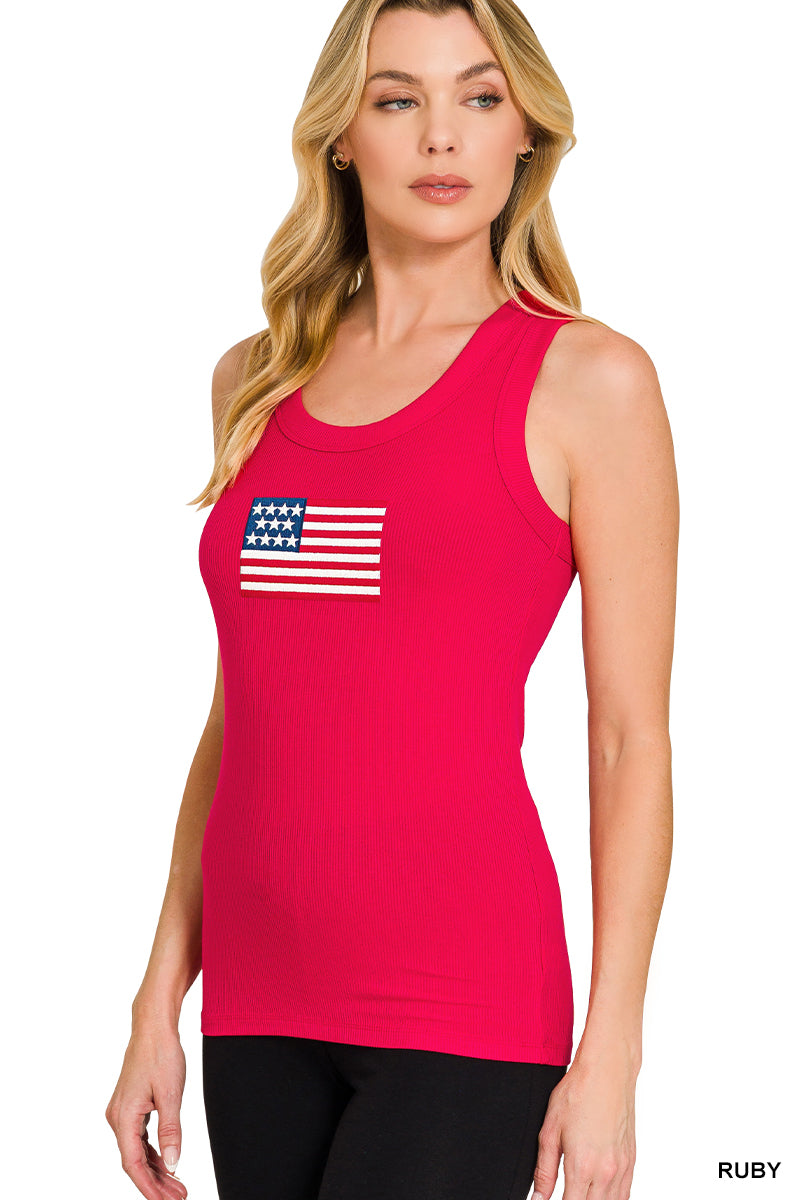 Ribbed American Flag Patch Scoop Neck Tank Top