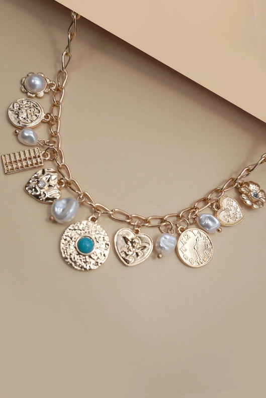Charm Necklace Pearl Heart Turq Coin Charms