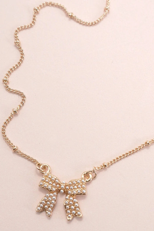 Pearl Bow Charm Ball Chain Necklace