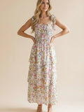 Smocking Bow Tied Tiered Floral Maxi Dress