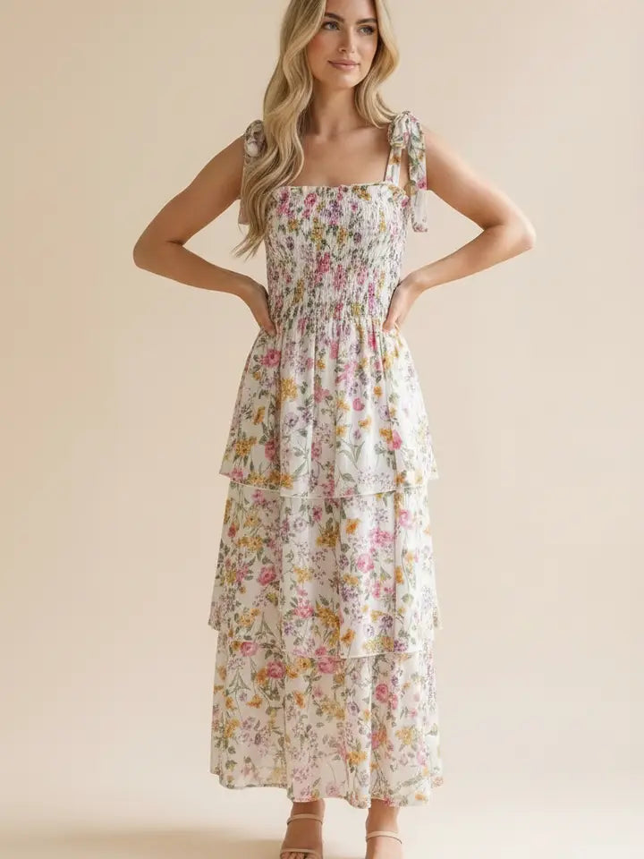 Smocking Bow Tied Tiered Floral Maxi Dress