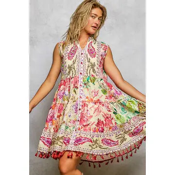 Floral Tassel Toss Button Dress