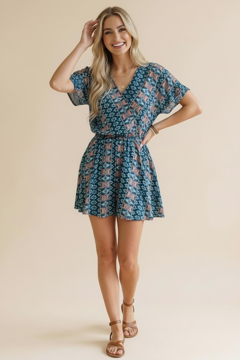 Dolman Short Sleeve Bohemian Print Romper