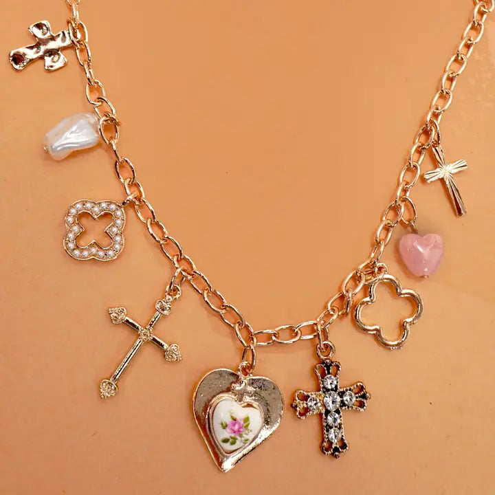 Charm Necklace Clover Cross Porcelain Flower