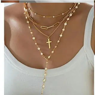 Layered Gold & Pearl Cross Statement Necklace