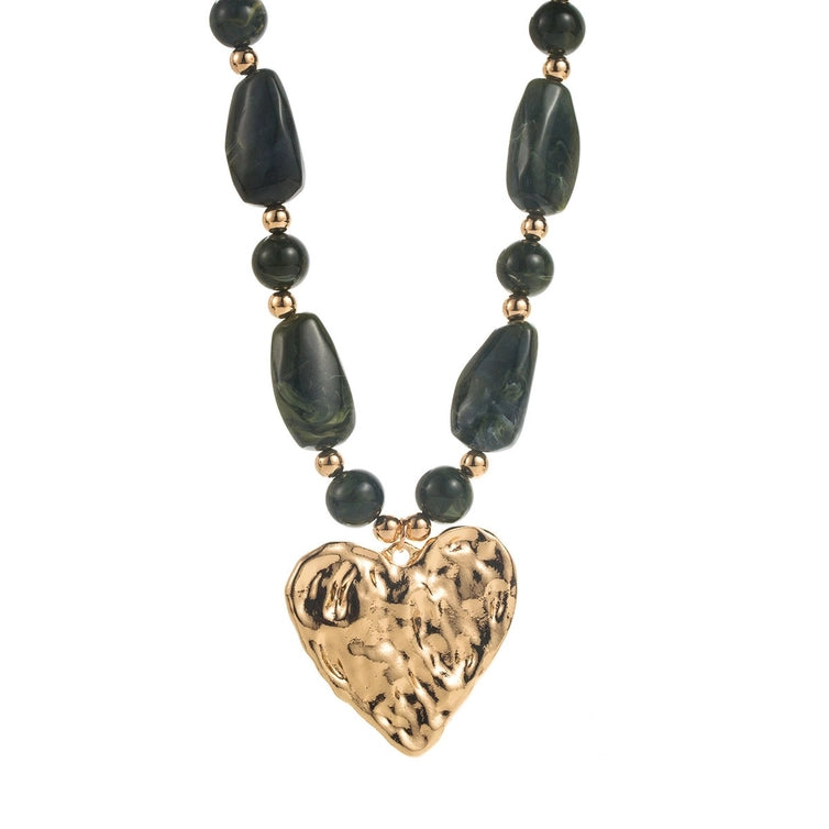 Hammered Heart Pendant Beaded Necklace