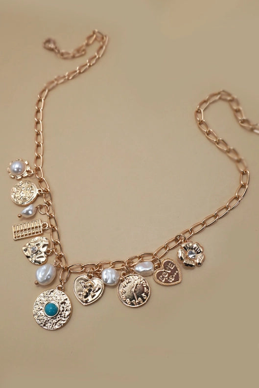 Charm Necklace Pearl Heart Turq Coin Charms