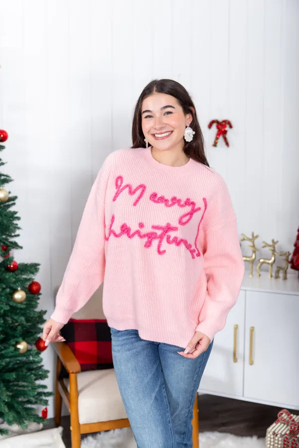 Merry Christmas Tinsel Lettering Sweater Top