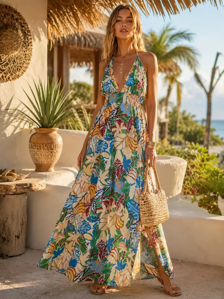Tropical Floral Smocked Maxi Dress
