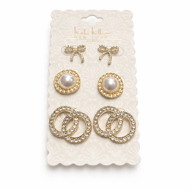 Set of 3 Social Studs with Bow and Pearl